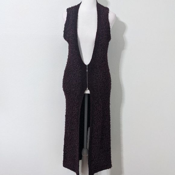 BCBGeneration Sweaters - BCBGeneration Wine and Black Fuzzy Long Vest Size Small